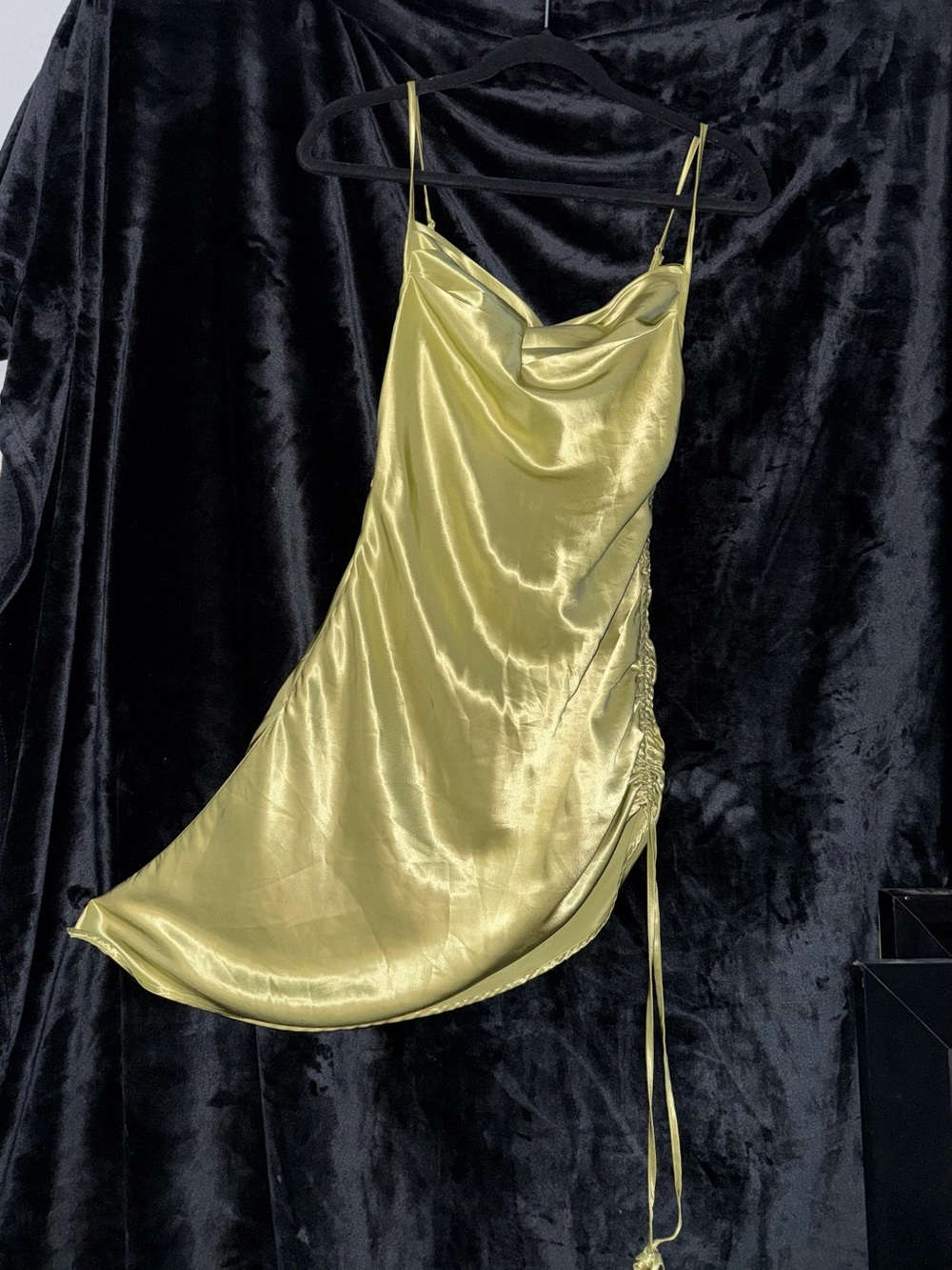 Cider Satin Asymmetrical Cowl Slip Dress in Chartreuse Green